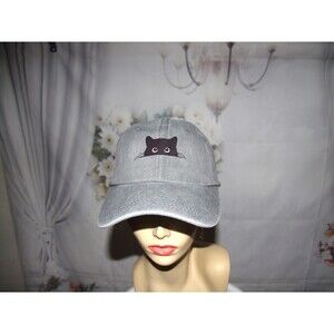 Cat Hat Baseball Cap Black Cat Peeking Gray Colored Stone Washed NEW